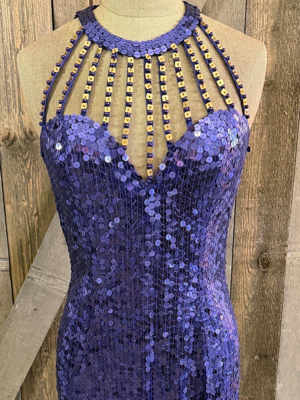 Vintage Niteline Sequin Gown Purple Blue Beaded Cage Neck Y2K Formal Glam Gala 6 - Picture 3 of 16